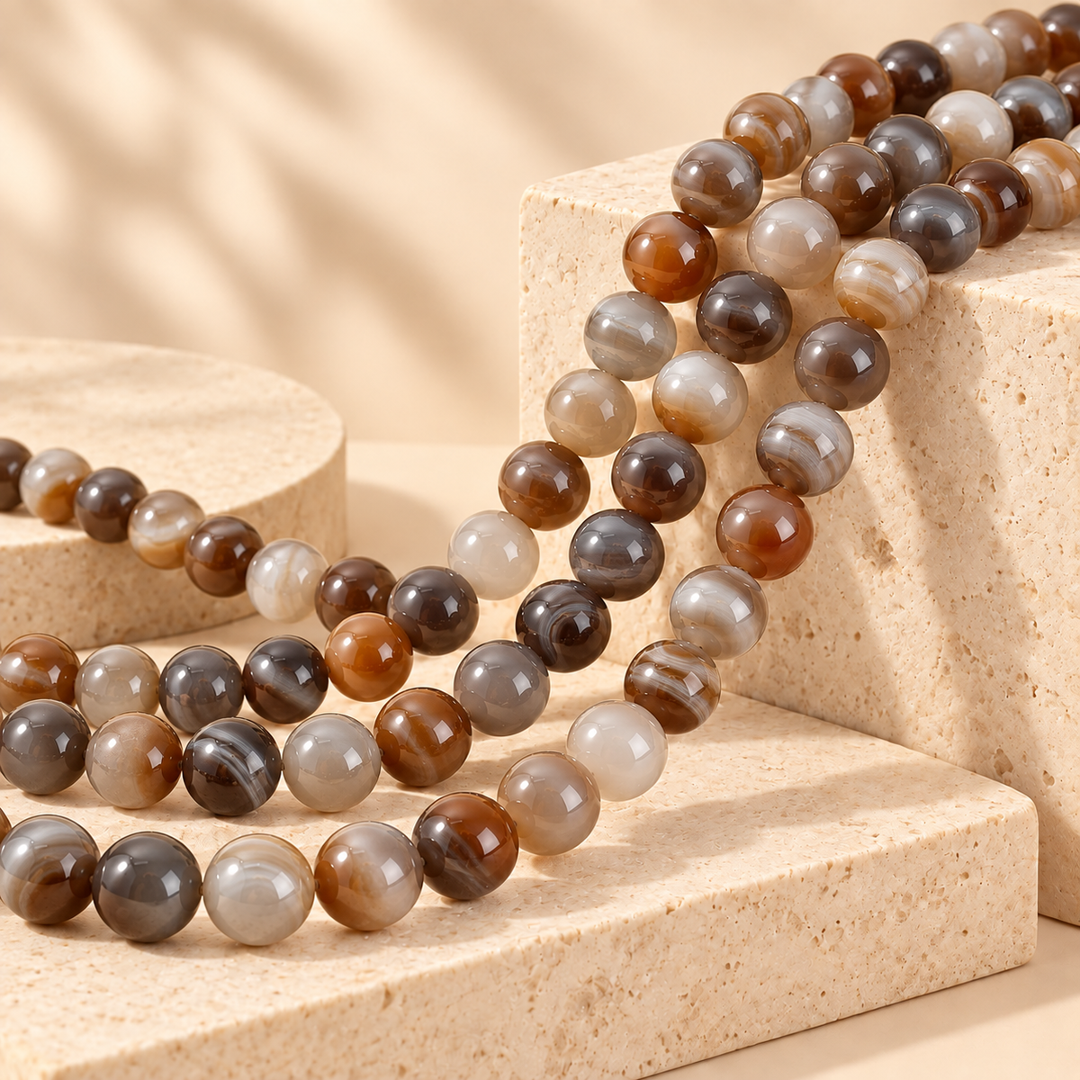 Natural agate bead strands in brown and gray tones for wholesale sourcing