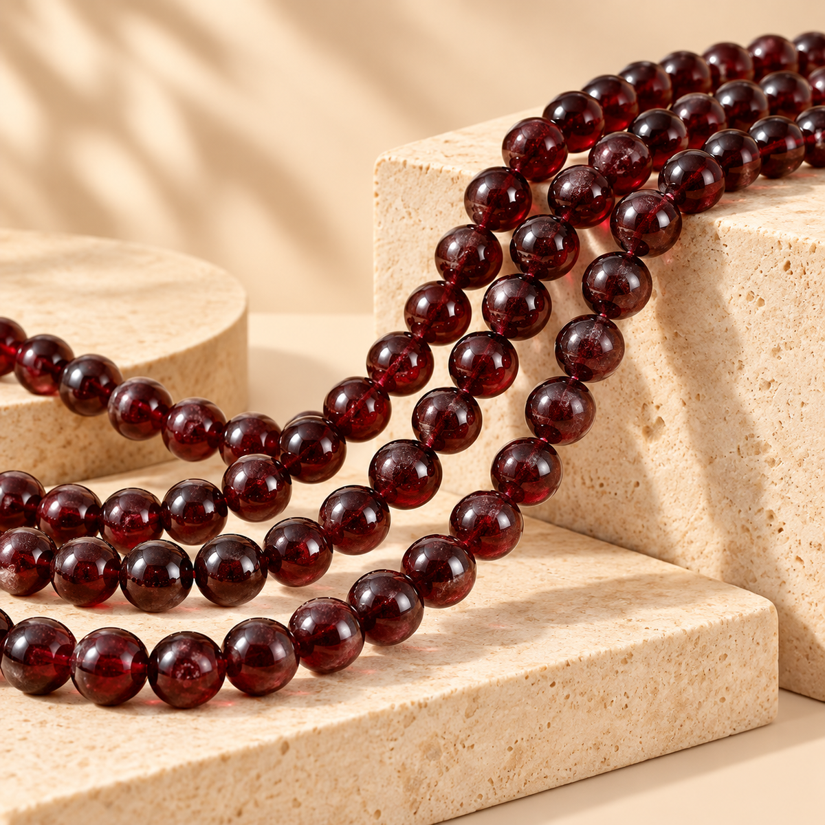 Deep red garnet round bead strands on warm travertine display