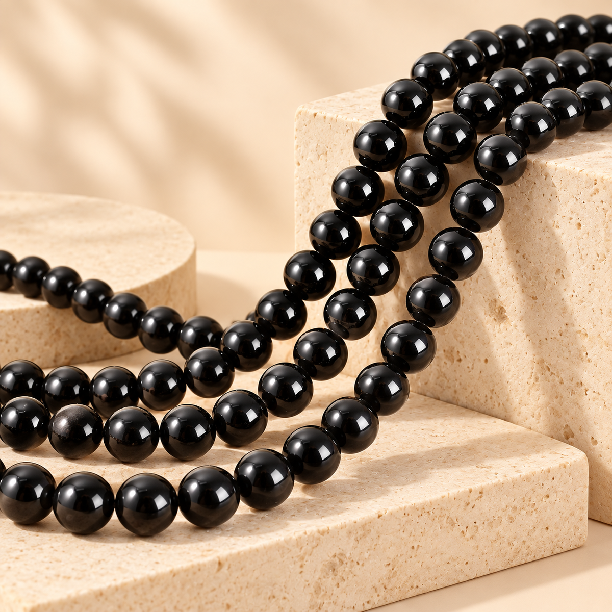 Polished black obsidian bead strands for wholesale sourcing