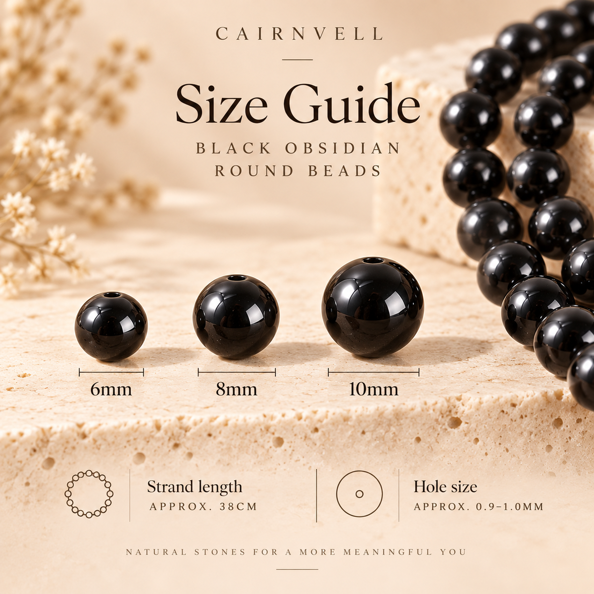 Black obsidian round beads size guide
