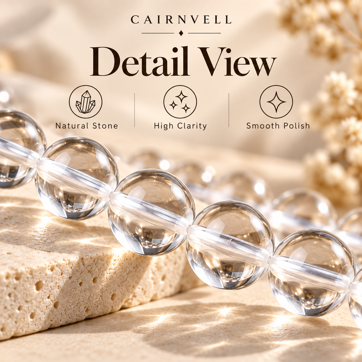Natural clear quartz AA round beads close-up detail