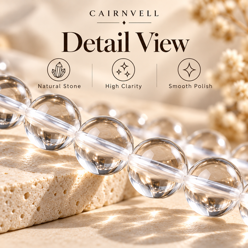 Natural clear quartz AA round beads close-up detail