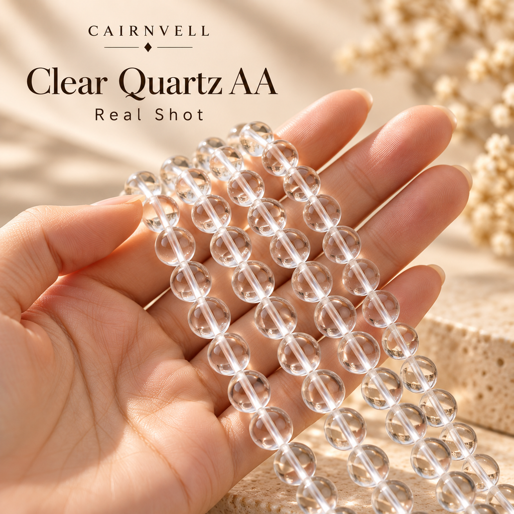Clear quartz AA bead strands handheld product view