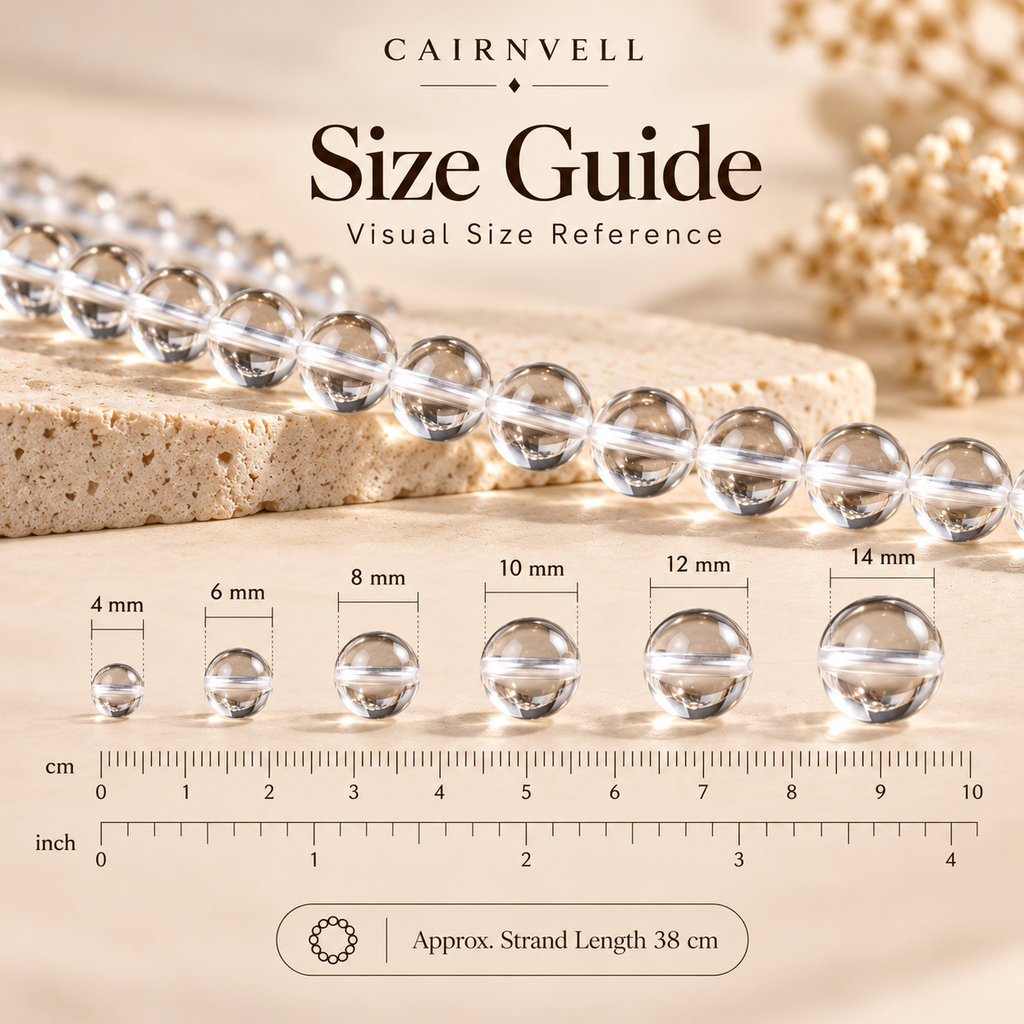 Clear quartz AA round beads size guide
