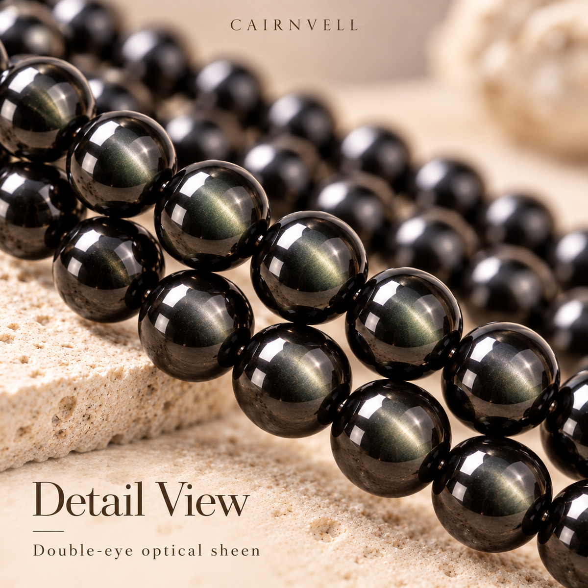 Double-eye black obsidian 7A optical sheen close-up detail