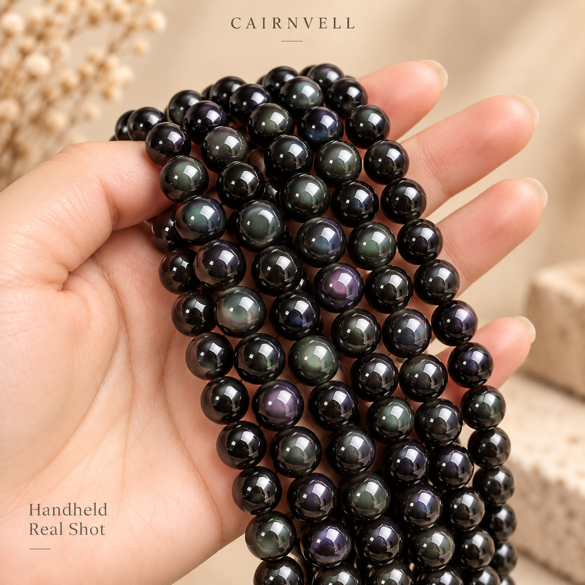 Double-eye black obsidian 7A bead strands handheld product view