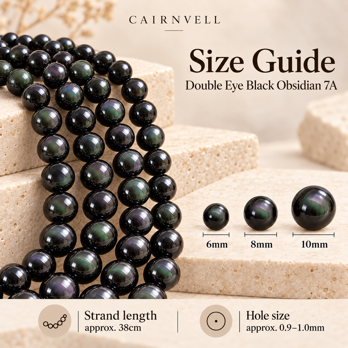 Double-eye black obsidian 7A bead size guide