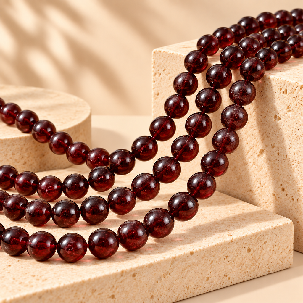 Natural garnet round beads supplier grade 7A, styled product image