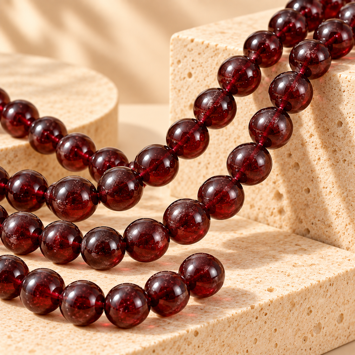 Close-up illustrative view of round garnet beads