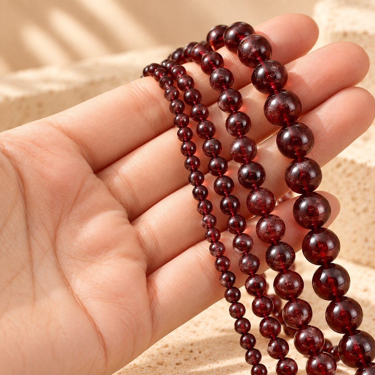 Illustrative garnet bead strands shown in hand for scale