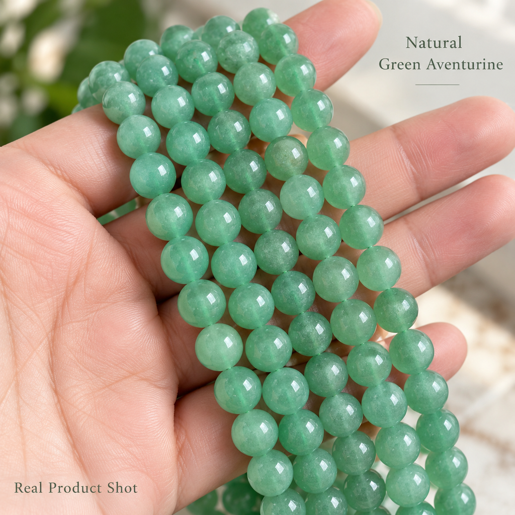Green aventurine bead strands handheld product view