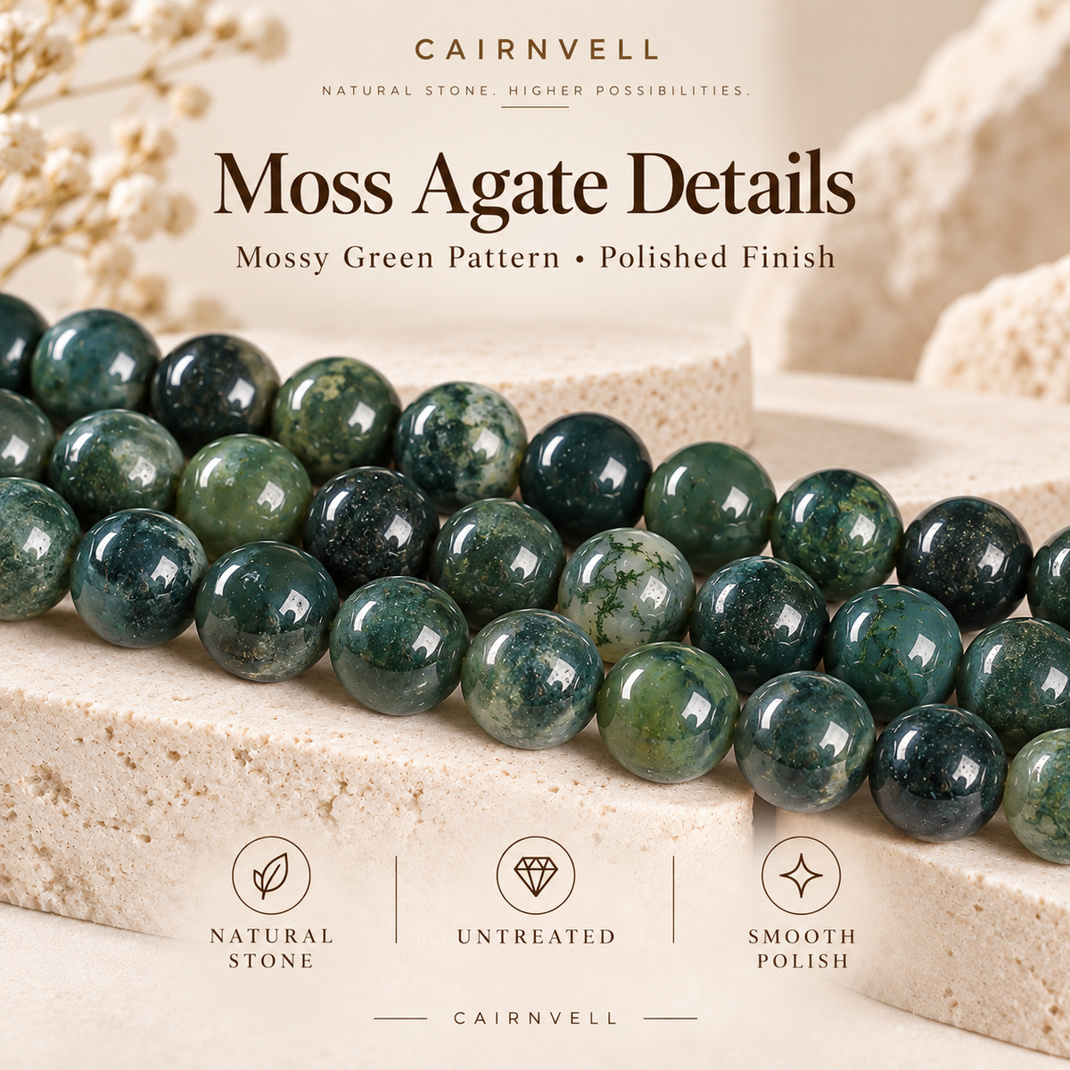 Natural moss agate round beads close-up detail