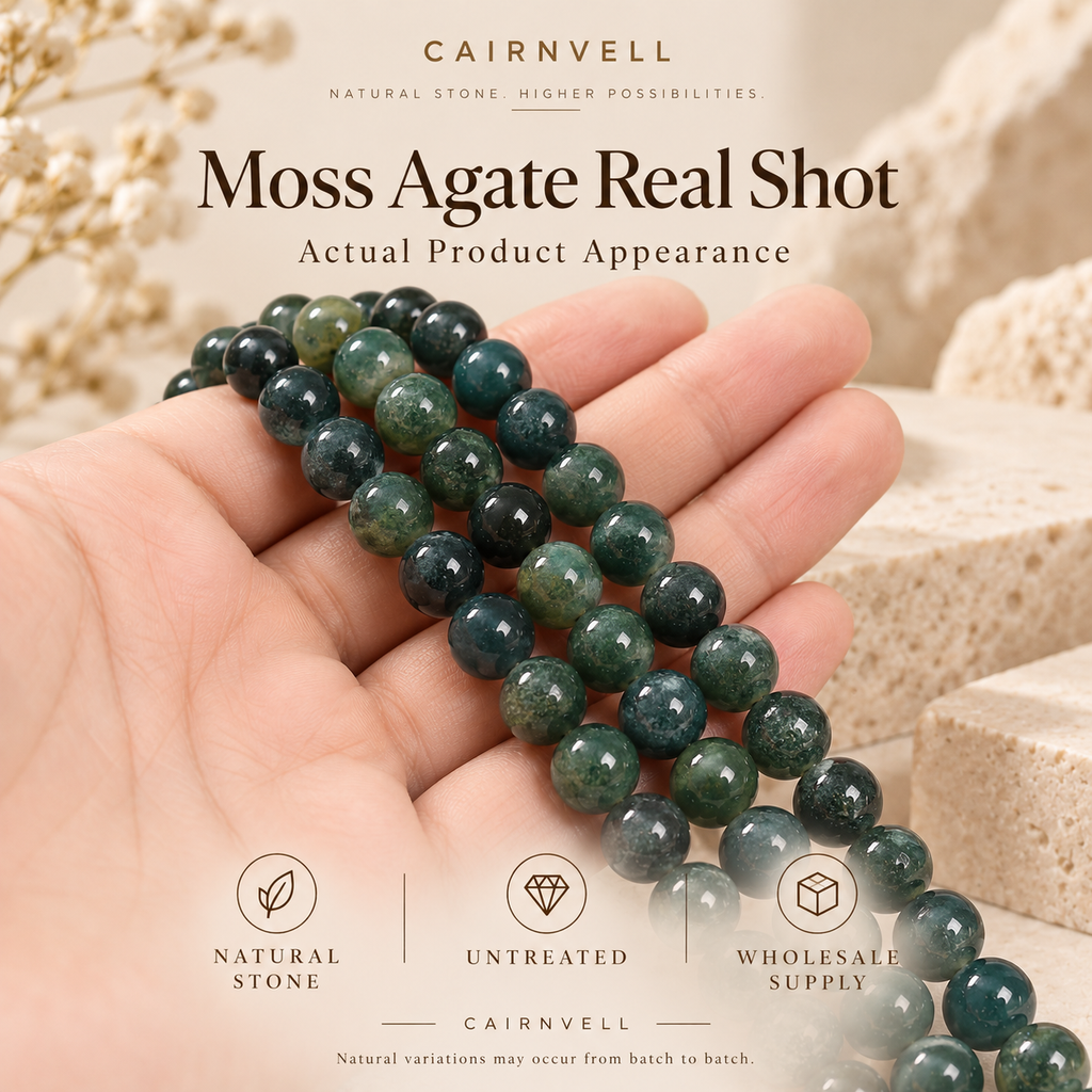 Moss agate bead strands handheld product view