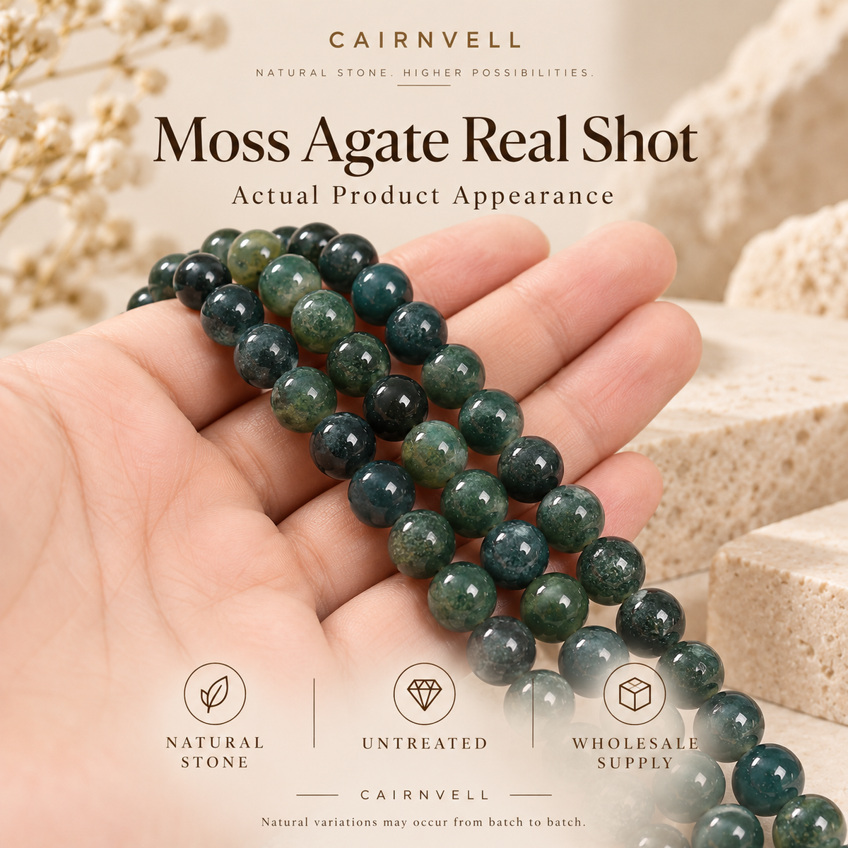 Moss agate bead strands handheld product view