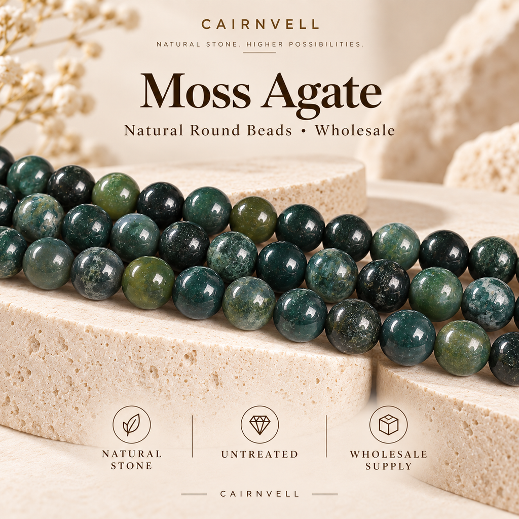 CAIRNVELL natural moss agate round beads wholesale hero image