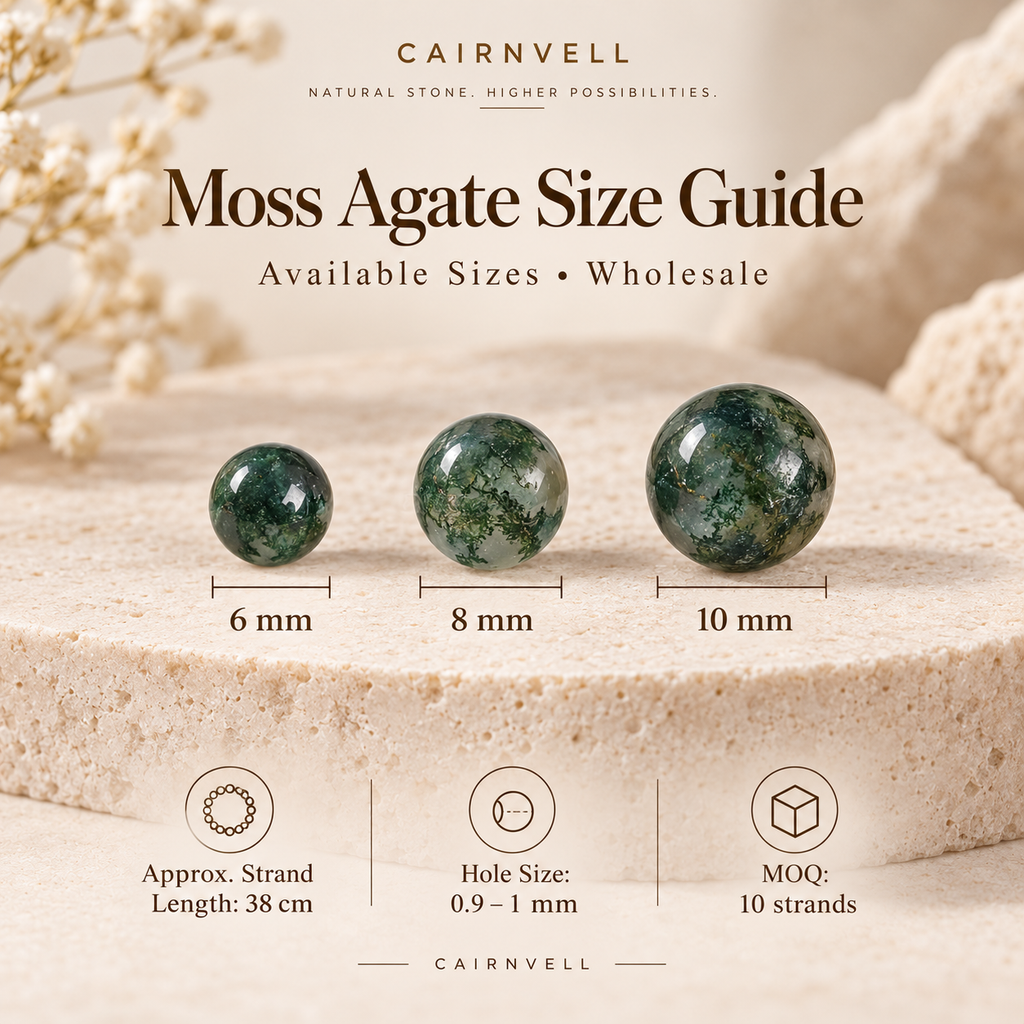 Moss agate round beads size guide