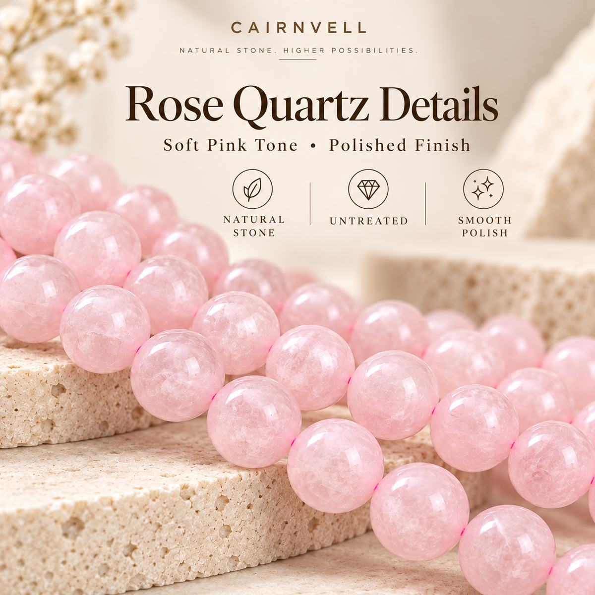 Natural rose quartz round beads close-up detail
