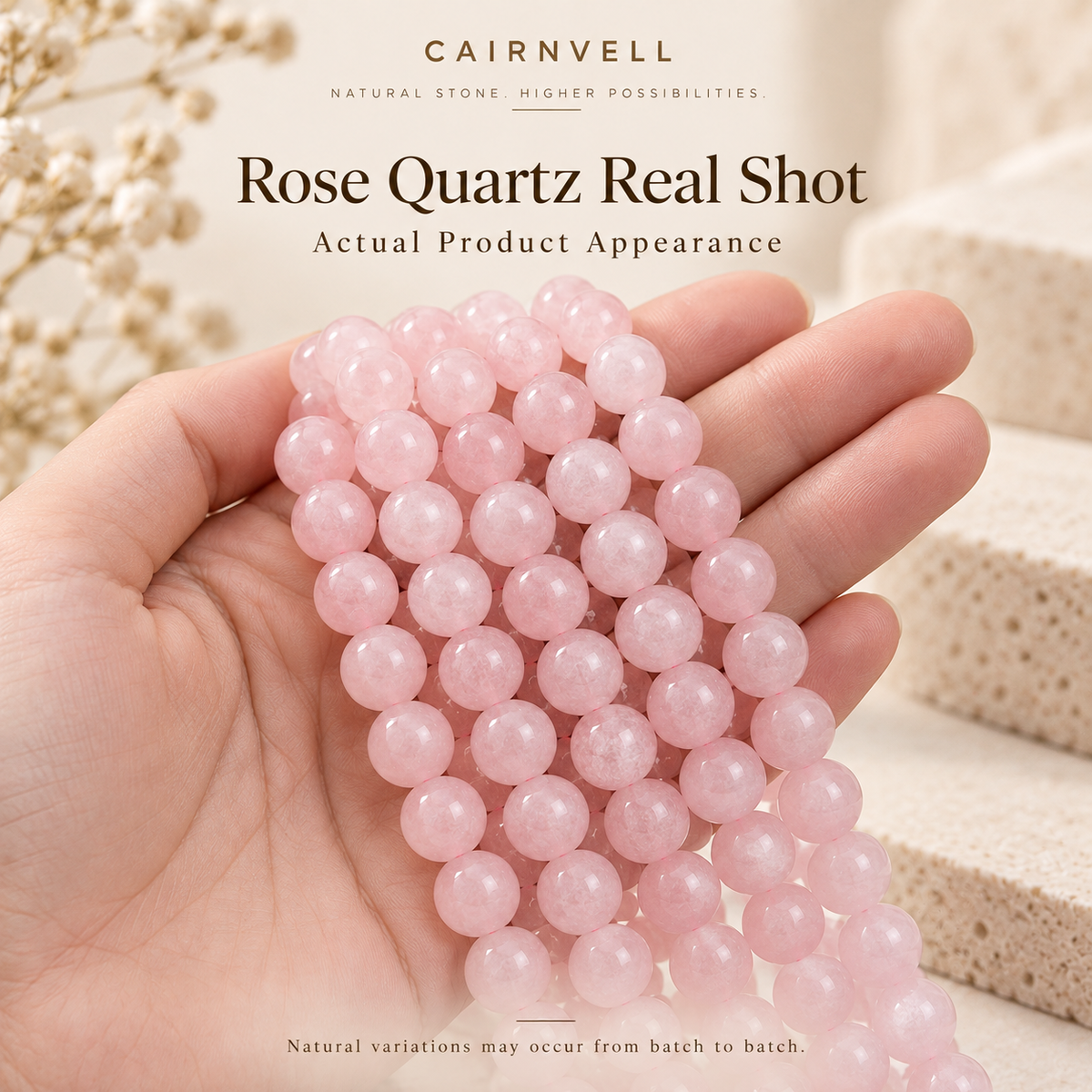 Rose quartz bead strands handheld product view