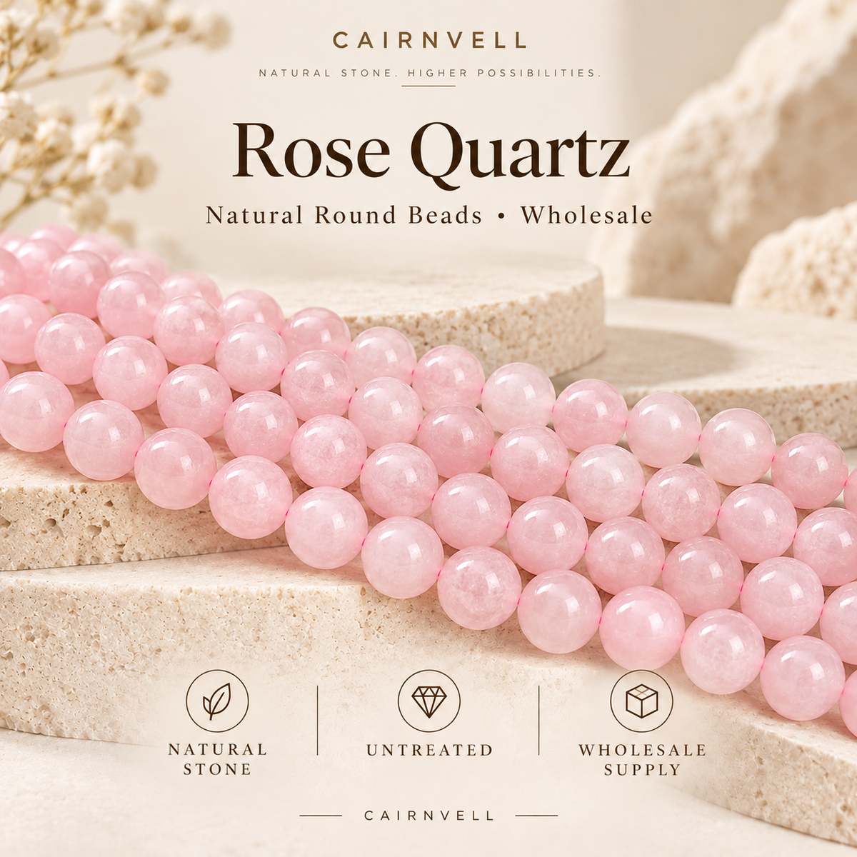 CAIRNVELL natural rose quartz round beads wholesale hero image