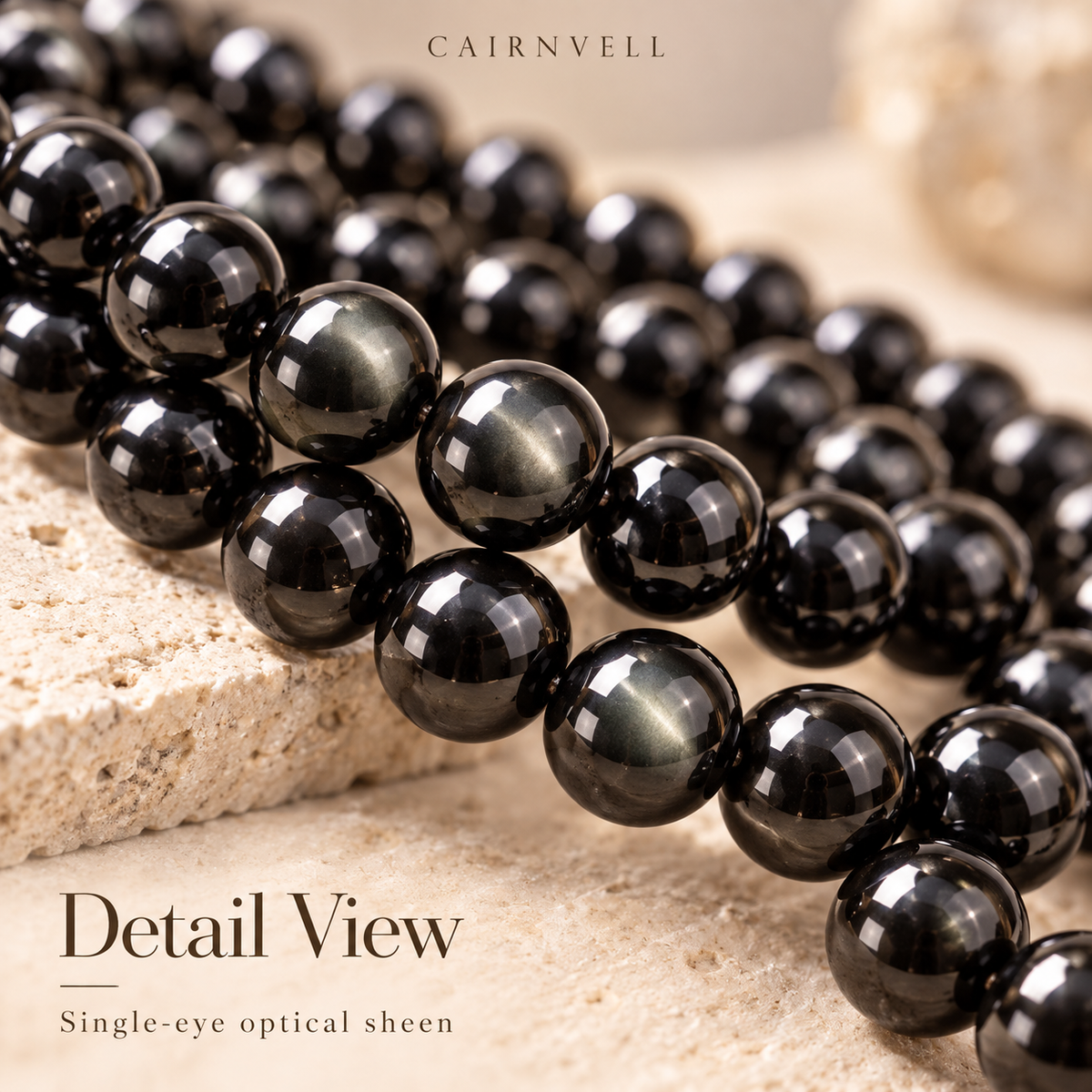 Single-eye black obsidian 5A optical sheen close-up detail