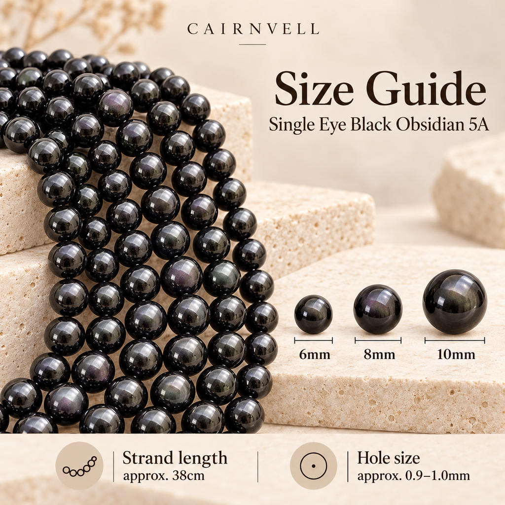Single-eye black obsidian 5A bead size guide