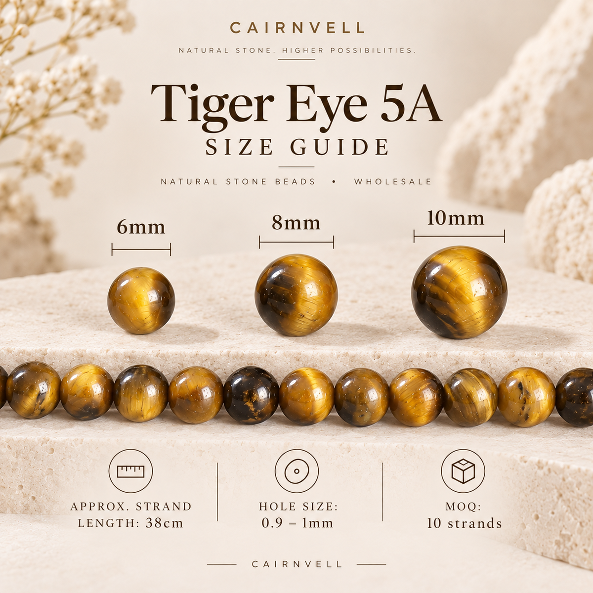 Tiger eye 5A round beads size guide